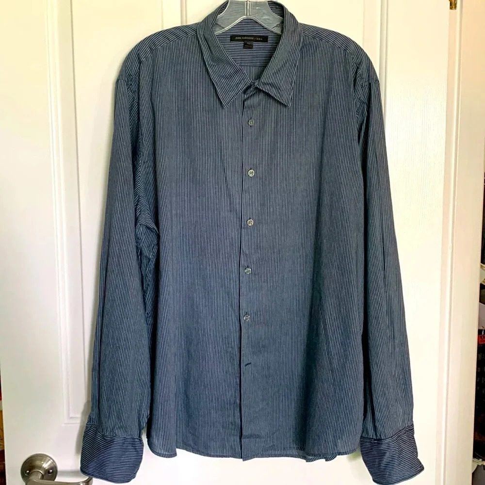 EUC MENS JOHN VARVATOS NAVY WITH WHITE STRIPES COTTON SHIRT SIZE XL SEE NOTES